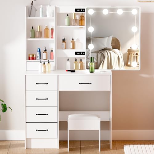 Dradaomull Tavolo da toeletta con illuminazione a LED Hollywood, con specchio e squat, 6 cassetti e 3 scomparti aperti, design moderno ideale per la camera da letto : Amazon.it: Casa e cucina