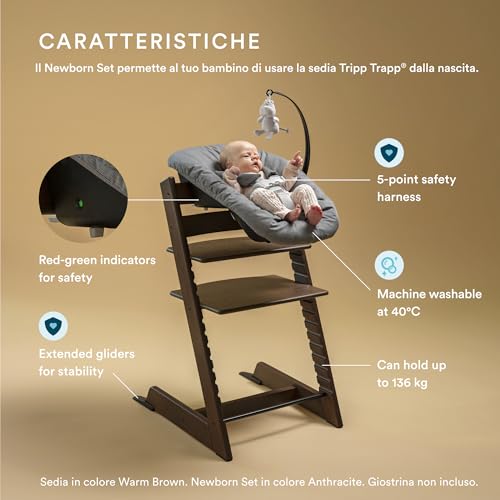 Sedia Tripp Trapp di Stokke (Oak Natural) con Newborn Set (Grigio)   Per neonati fino a 9 kg   Confortevole, sicuro e facile da usare : Prima infanzia