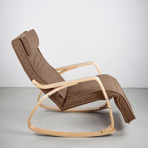 WeHome   Sedia A Dondolo Swing Amor Con Braccioli In Legno, Rocking Chair, Poltrona A Dondolo Con Poggiapiedi Regolabile, Poltrona Salotto, Poltrona Camera Da Letto (Bouclé, Marrone) : Casa e cucina