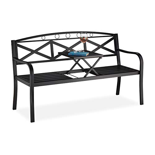 Relaxdays Panca da Giardino con Tavolino Pieghevole, a 3 Posti, Arredamento da Esterno, HLP 87,5 x 150 x 56 cm, Nera : Giardino e giardinaggio