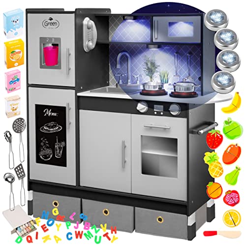 Kinderplay Cucina Giocattolo per Bambini legno   Cucina Legno per Bambini, Grande Cucina Bambini, Illuminazione LED, Accessori, Effetti luminosi e Sonori, di altezza, 89 cm e 103 cm (Grigio) : Giochi e giocattoli