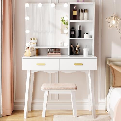 ANWBROAD Toeletta da Trucco con Illuminazione Tavolo da Trucco con Specchio Toilette in 3colori Illuminazione a LED Postazione Trucco Make up con Mensole Aperte e 2 Cassetti Sgabello Bianco BDT70W : Amazon.it: Casa e cucina