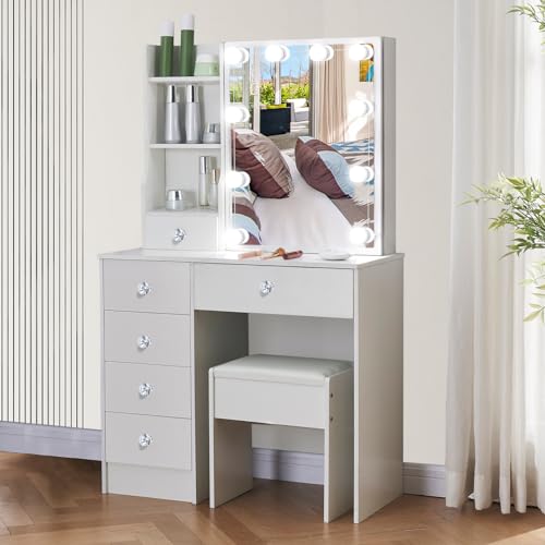 Ereousa Toeletta Trucco con Luci, Luminosità Regolabile, Specchiera Trucco con Specchio Scorrevole, Scrivania Trucco per Camera da Letto, Toilette Trucco con Sgabello, Bianco HSZY39W : Amazon.it: Casa e cucina