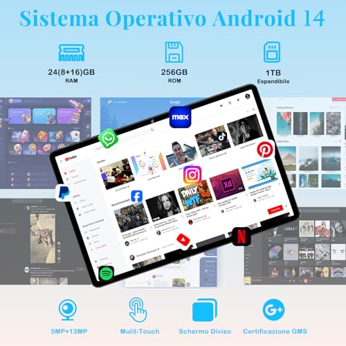 ZIOVO Tablet Android 14 Tablet 11 Pollici, 24GB RAM 256GB ROM (TF 1TB), 5G WiFi Tablet, Widevine L1/Octa Core 2.0 GHz/8000mAh/Corpo Metallico/13 5MP/BT5.0/Supporto Netflix, Tablet con Custodia   Nero : Informatica