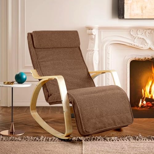 WeHome   Sedia A Dondolo Swing Amor Con Braccioli In Legno, Rocking Chair, Poltrona A Dondolo Con Poggiapiedi Regolabile, Poltrona Salotto, Poltrona Camera Da Letto (Bouclé, Marrone) : Casa e cucina