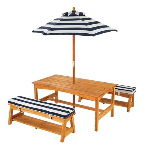 KidKraft Set tavolo e panchine in legno per bambini con cuscini e ombrellone, mobili per giardino e per esterno, Strisce blu navy e bianche, 00106 : Amazon.it: Giardino e giardinaggio