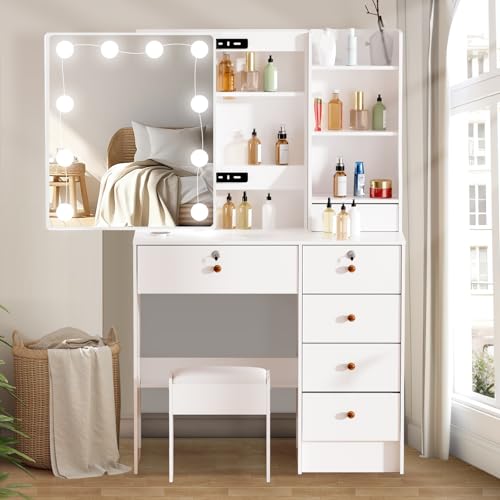 Aovquof Tavolo da toeletta con 10 luci LED regolabili, specchio da trucco con specchio, tavolo da toeletta con 6 cassetti, 3 ripiani aperti per camera da letto, bianco, manico in legno : Amazon.it: Casa e cucina