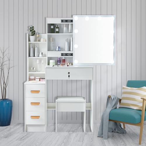 Saimeihome Toeletta da Trucco con Luci LED Hollywood, Tavolo da Trucco con Specchio e Sgabello, Tavolo da Trucco con 6 Cassetti e 6 Ripiani, Postazione Make up Moderna 80x36x131cm : Amazon.it: Casa e cucina
