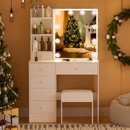 Scrivania da trucco moderna con specchio, 3 modalità di illuminazione, tavolo da toeletta con 6 cassetti e ripiani, include sgabello, elegante toeletta per camera da letto : Amazon.it: Casa e cucina