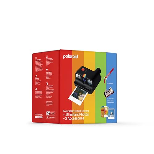 Polaroid Go Generation 2   Mini fotocamera istantanea nera   pacchetto di pellicole (16 foto incluse) e accessori Go (album fotografico   cinturino da polso)   6541 : Elettronica