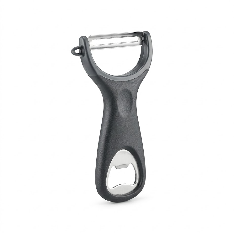 Boodbovo - Pelaverdure 2 in 1 multifunzione, lama acciaio inox, con manico e apribottiglie