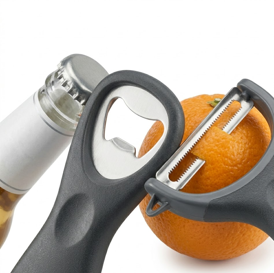 Boodbovo - Pelaverdure 2 in 1 multifunzione, lama acciaio inox, con manico e apribottiglie